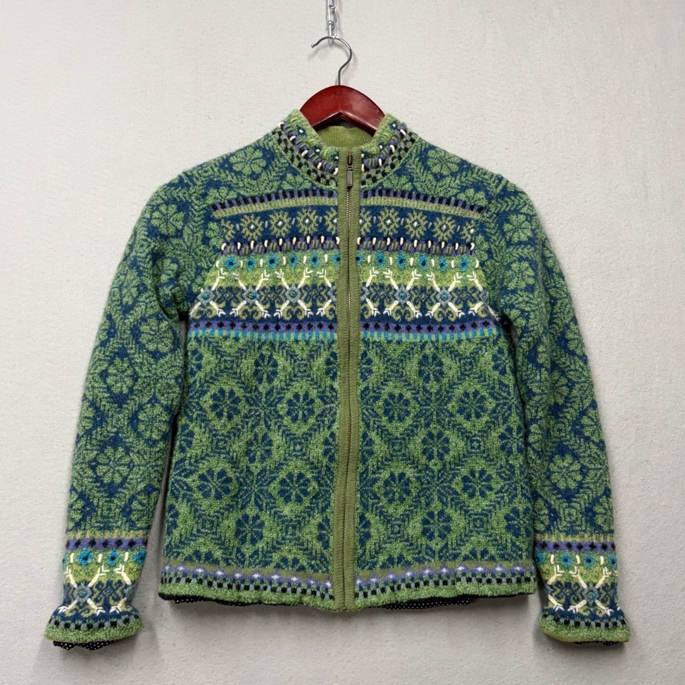 Icelandic Design Full Zip Sweater Women S Green Vintage 90s Fair Isle Knit Lined